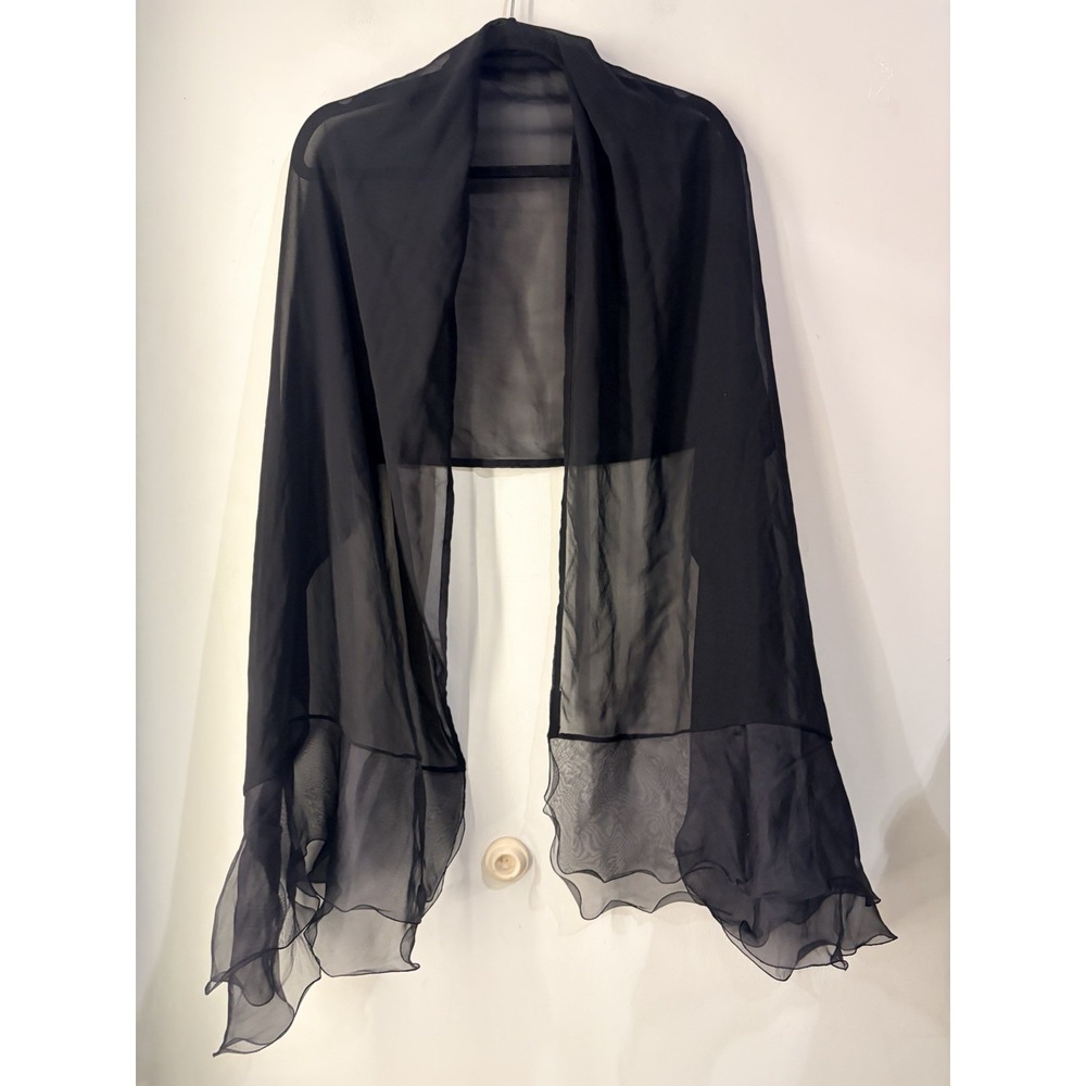 Franco Ferrari Black Sheer Silk Scarf Shawl Wrap Made in Italy Ruffle Designer